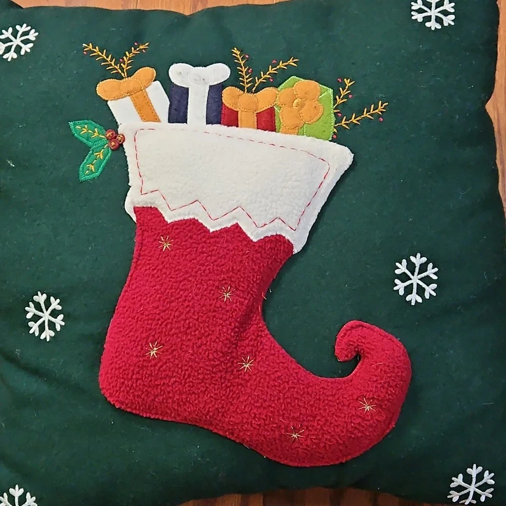 Vintage Christmas Pillow Green Red Stocking Dog Bones Couch Square